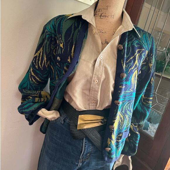 Vintage Mixage 80s Abstract Knit Cardigan Sweater Gold Buttons Chunky Artsy M - Picture 15 of 17